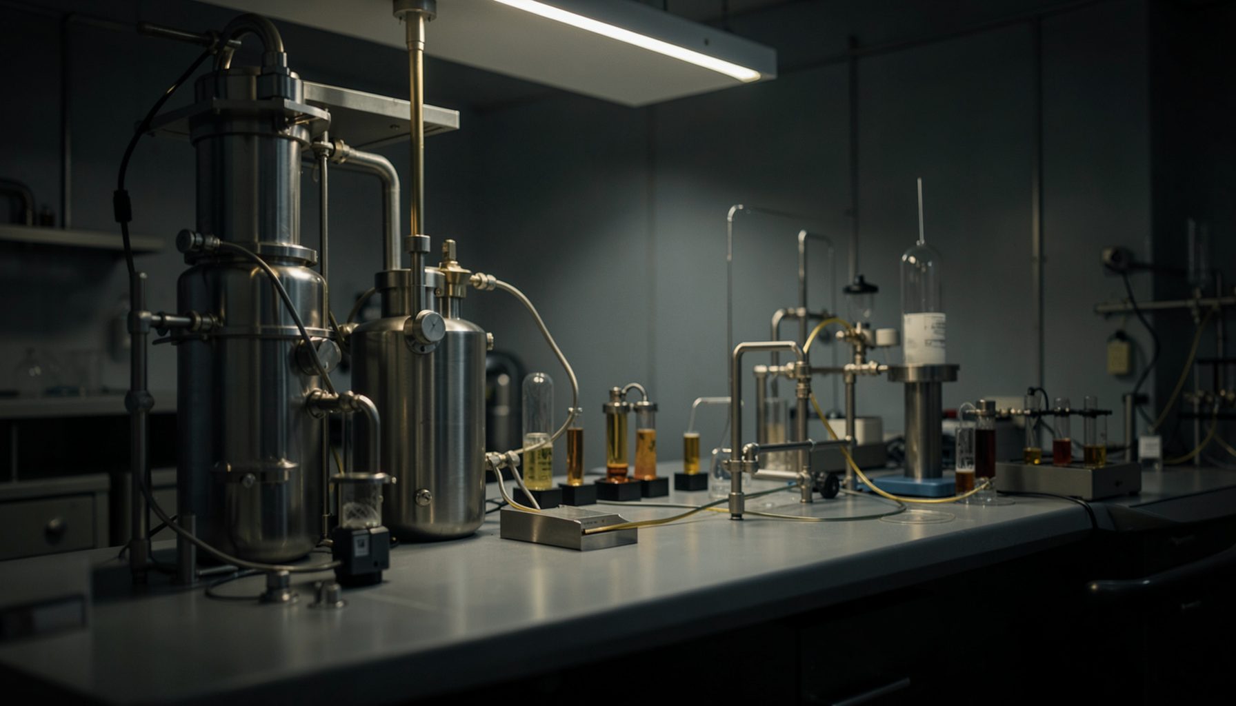 A dimly lit laboratory bench with stainless-steel bioreactor components, tubing, and electrochemical cells arranged in a research setup. Cool grey and muted gold tones dominate, with soft overhead lighting casting gentle shadows across the work surface.
