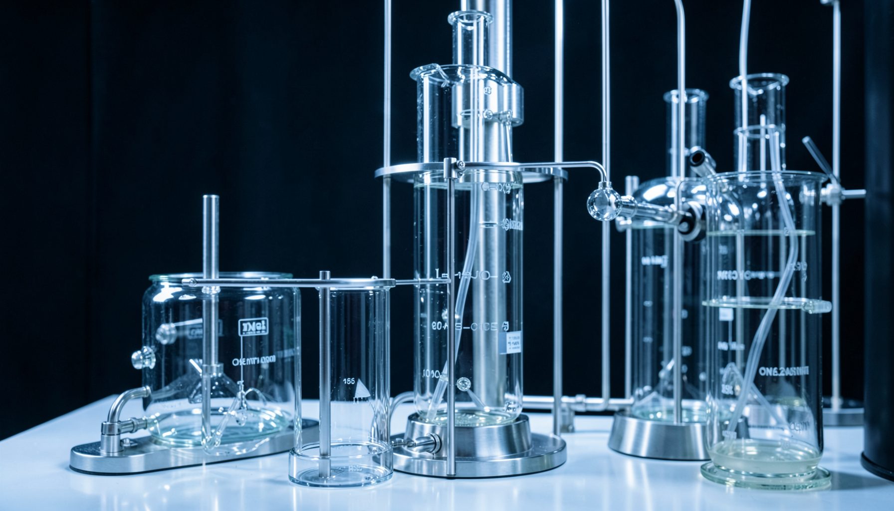 Abstract laboratory setting with glass bioreactor vessels and stainless-steel tubing, lit by cool white light against a dark background, conveying a clean research atmosphere.