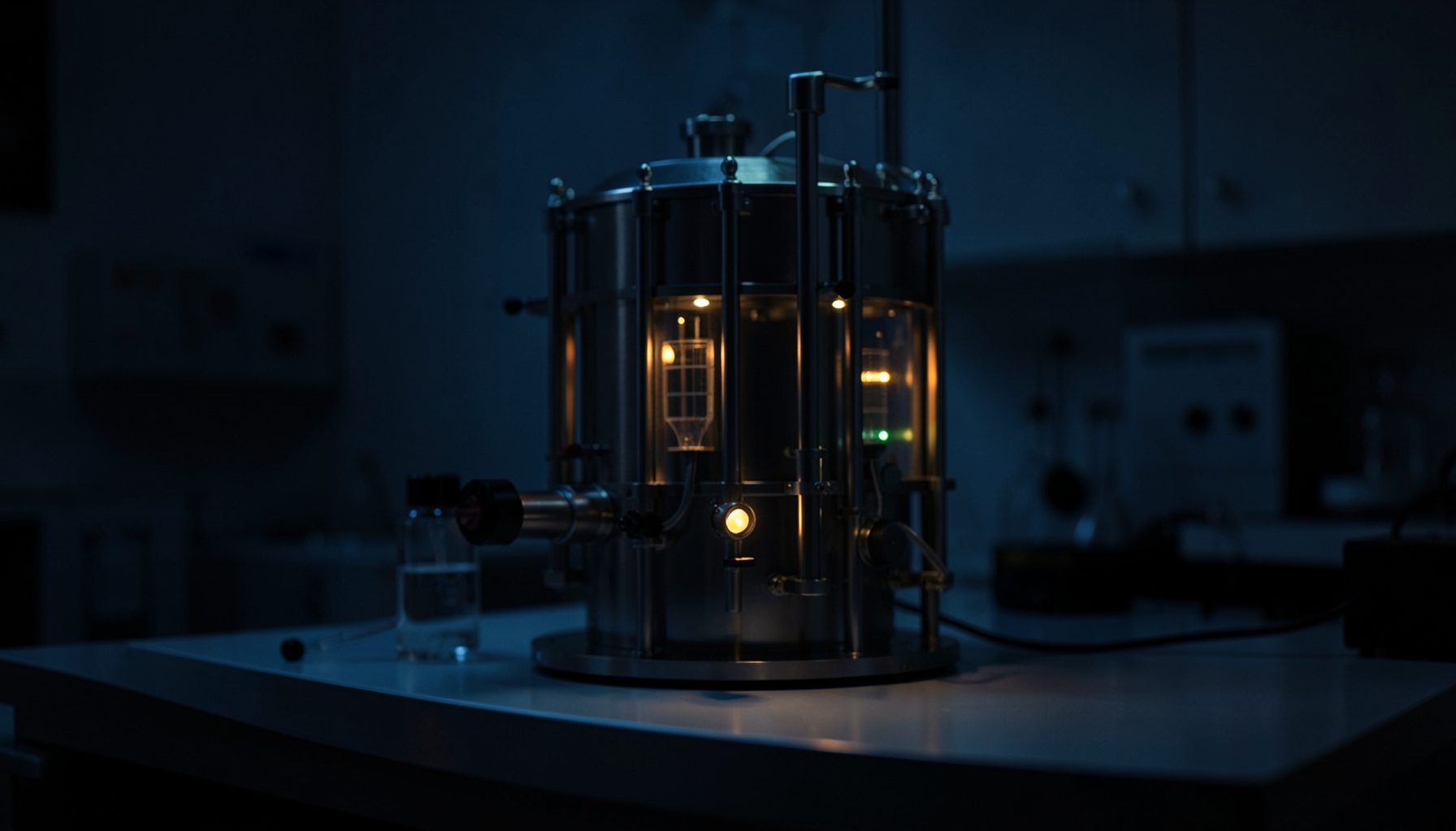 A dimly lit laboratory bench with a stainless-steel membrane bioreactor vessel, soft amber indicator lights glowing against deep navy shadows, conveying quiet research intensity.