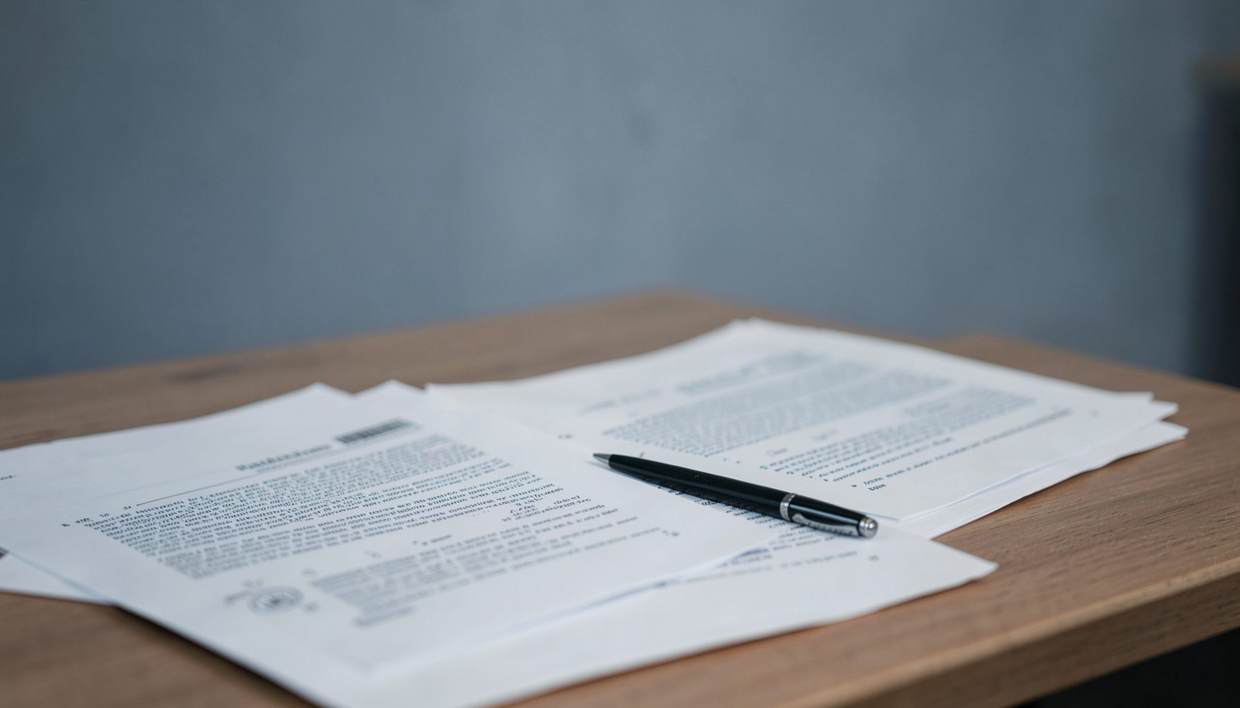A softly lit academic desk with printed research papers, a pen, and a muted grey-blue background conveying a calm scholarly atmosphere.