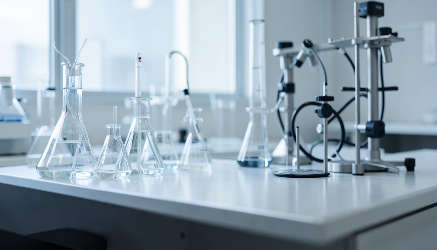 A softly lit laboratory bench with glassware and stainless-steel apparatus, cool grey and pale blue tones, calm research atmosphere.