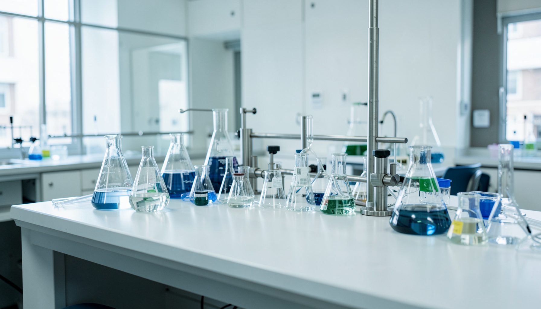 Wide view of a research laboratory bench with glassware and stainless-steel fittings, bathed in cool neutral daylight.